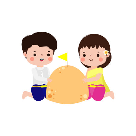 Songkran festival cute couple thai Traditional and sand pagoda Thailand Traditional New Year Day Vector Illustration template Thailand travel concept on white backgroundのイラスト素材