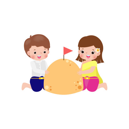 Songkran festival cute couple thai Traditional and sand pagoda Thailand Traditional New Year Day Vector Illustration template Thailand travel concept on white backgroundのイラスト素材