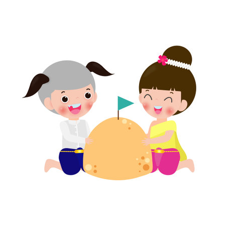 Songkran festival cute kids thai Traditional and sand pagoda Thailand Traditional New Year Day Vector Illustration template Thailand travel concept on white backgroundのイラスト素材