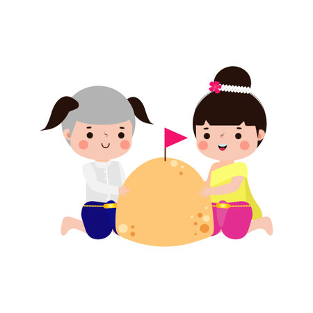 Songkran festival cute kids thai Traditional and sand pagoda Thailand Traditional New Year Day Vector Illustration template Thailand travel concept on white backgroundのイラスト素材