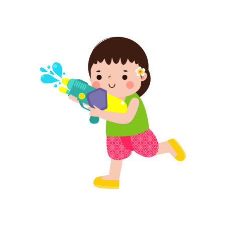 Songkran festival kids thai Traditional enjoy splashing water Thailand New Year Day Vector Illustration template Thailand concept on white backgroundのイラスト素材