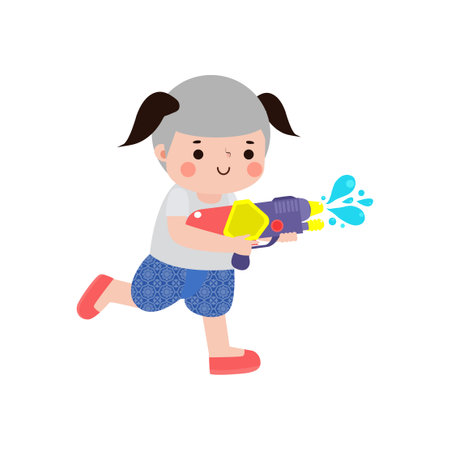 Songkran festival kids thai Traditional enjoy splashing water Thailand New Year Day Vector Illustration template Thailand concept on white backgroundのイラスト素材