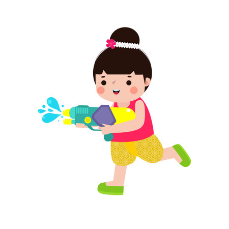 Songkran festival kids thai Traditional enjoy splashing water Thailand New Year Day Vector Illustration template Thailand concept on white backgroundのイラスト素材