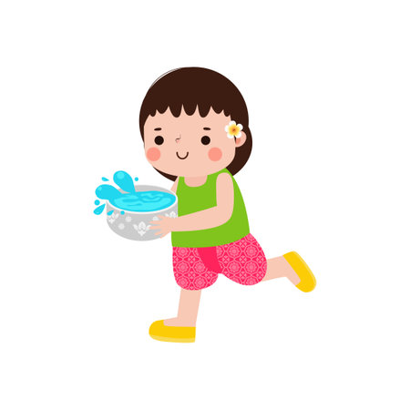 Songkran festival kids thai Traditional enjoy splashing water Thailand New Year Day Vector Illustration template Thailand concept on white backgroundのイラスト素材
