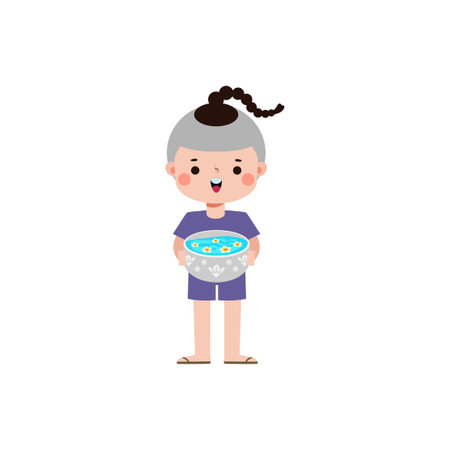 Songkran festival kid thai Traditional holding bowl splashing water Thailand New Year Day Vector Illustration template Thailand concept on white backgroundのイラスト素材