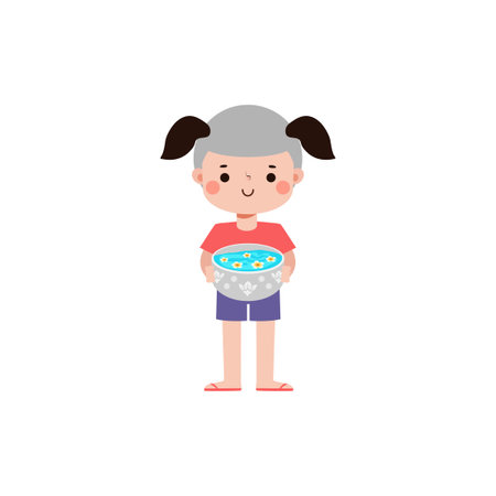 Songkran festival kid thai Traditional holding bowl splashing water Thailand New Year Day Vector Illustration template Thailand concept on white backgroundのイラスト素材