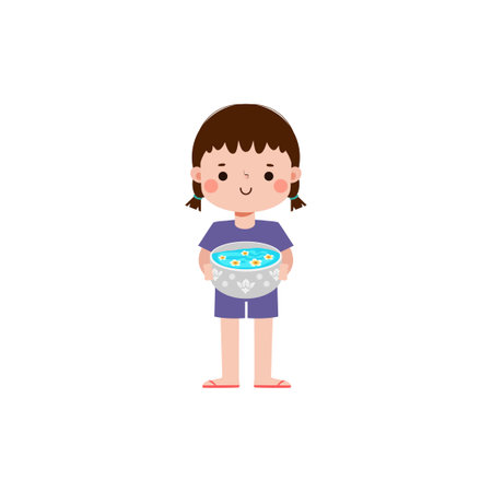 Songkran festival kid thai Traditional holding bowl splashing water Thailand New Year Day Vector Illustration template Thailand concept on white backgroundのイラスト素材
