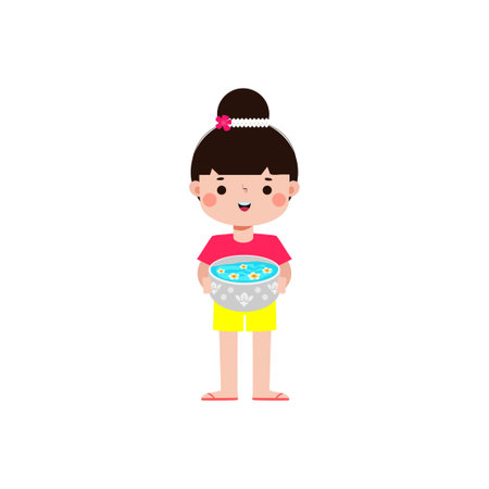 Songkran festival kid thai Traditional holding bowl splashing water Thailand New Year Day Vector Illustration template Thailand concept on white backgroundのイラスト素材