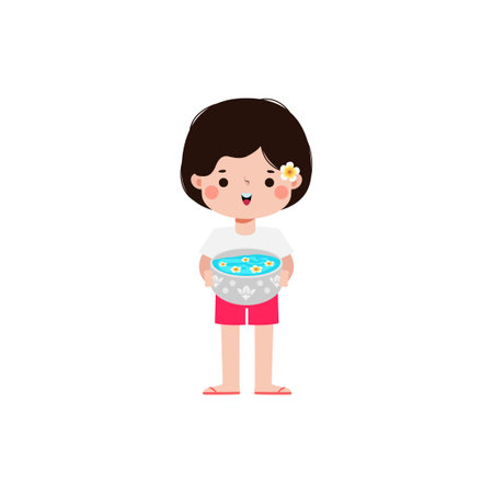 Songkran festival kid thai Traditional holding bowl splashing water Thailand New Year Day Vector Illustration template Thailand concept on white backgroundのイラスト素材
