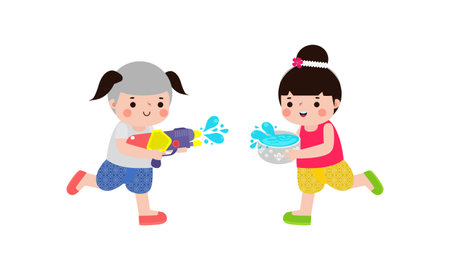 Songkran festival kids thai Traditional enjoy splashing water Thailand New Year Day Vector Illustration template Thailand concept on white backgroundのイラスト素材