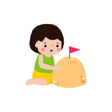 Songkran festival cute kid thai Traditional and sand pagoda Thailand Traditional New Year Day Vector Illustration template Thailand travel concept on white backgroundのイラスト素材