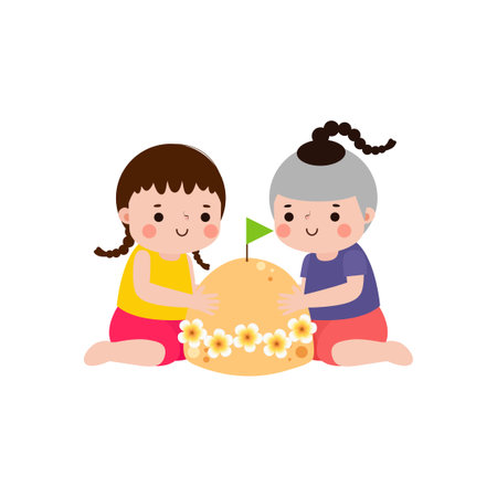 Songkran festival cute kids thai Traditional and sand pagoda Thailand Traditional New Year Day Vector Illustration template Thailand travel concept on white backgroundのイラスト素材