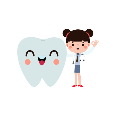 Happy Dentist with Tooth character Cute cartoon flat style vector illustration on white backgroundのイラスト素材