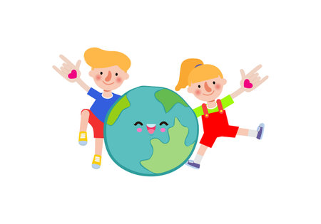 Earth day, cute kids save the world, world environment day, on white background vecter illustration flat styleのイラスト素材