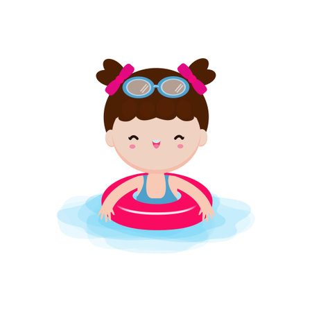 Cute little girl in swimming pool. Vector illustration in flat styleのイラスト素材