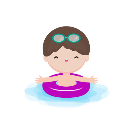 Little boy swimming in the pool. Cute cartoon vector illustration.のイラスト素材