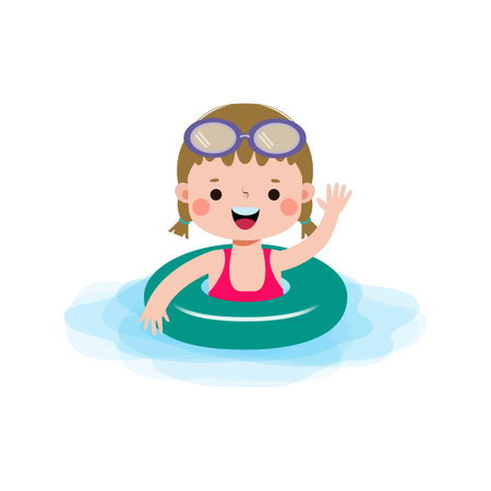 Cute little girl swimming in pool cartoon vector Illustration isolated on a white background.のイラスト素材