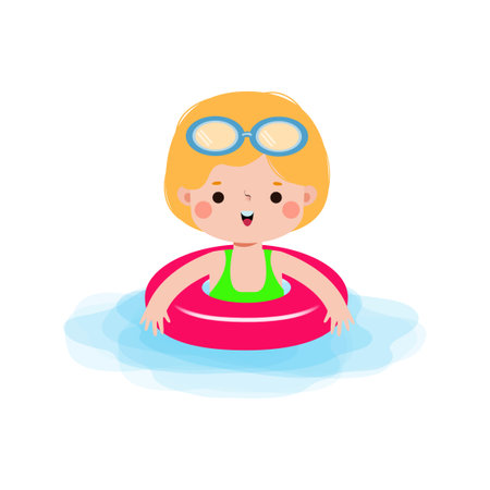 Cute little girl swimming in inflatable ring cartoon vector Illustrationのイラスト素材