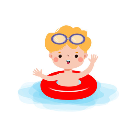 Cute boy swimming in pool with inflatable ring, vector illustrationのイラスト素材