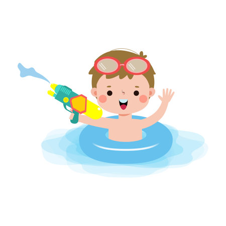 Cute little boy swimming in a pool with a water gun. Cartoon vector illustration.のイラスト素材