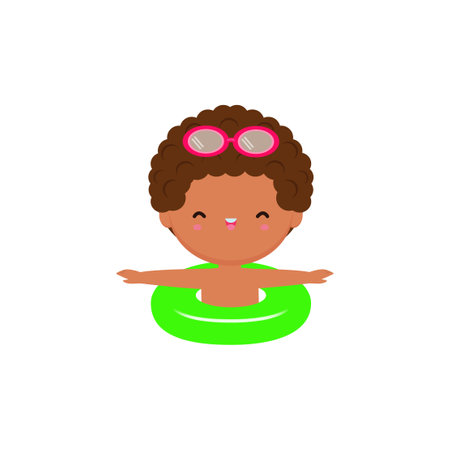 Cute african american boy with swimming ring. Vector illustrationのイラスト素材
