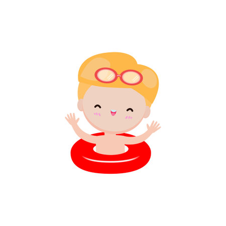 Cute little boy in swimming cap and goggles swimming in pool vector Illustrationのイラスト素材