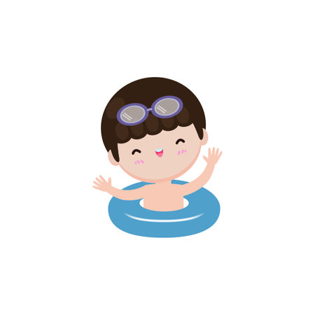 Cute boy swimming in swimming pool vector Illustration on a white backgroundのイラスト素材