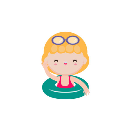 Cute little girl in swimsuit with inflatable ring. Vector illustration.のイラスト素材
