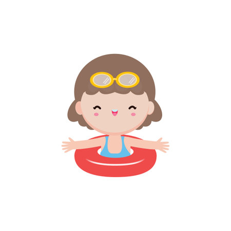 Cute little girl swimming in pool. Vector illustration in flat styleのイラスト素材