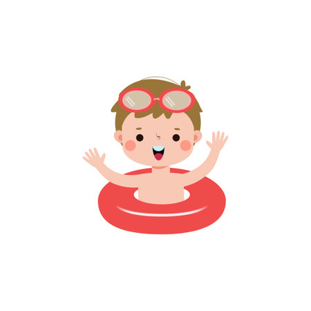 Cute little boy swimming in inflatable ring vector Illustration.のイラスト素材