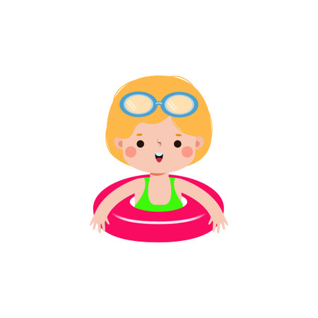 Cute little girl swimming in the pool. Vector flat illustration.のイラスト素材