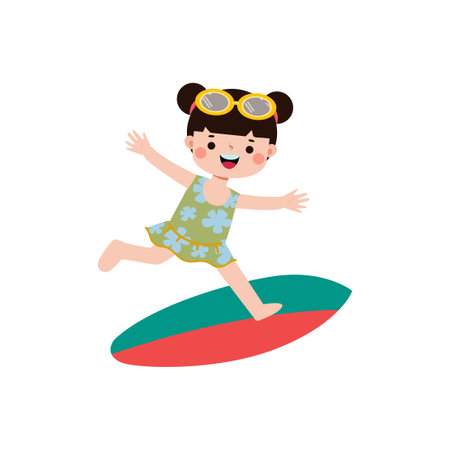 cute surfer kid character with surfboard on beach. Happy young surfer on the crest wave, flat vector illustration isolated on white background summer timeのイラスト素材
