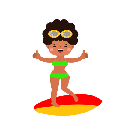 cute surfer kid character with surfboard on beach. Happy young surfer on the crest wave, flat vector illustration isolated on white background summer timeのイラスト素材