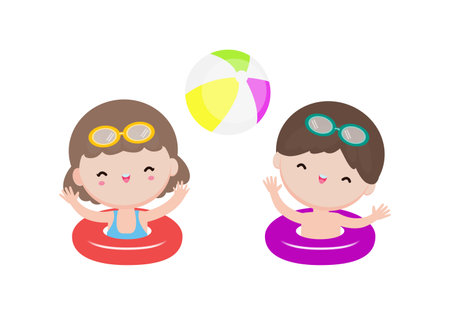 Cute kids wearing float rings on inflatable playing ball in Pool party, cartoon charact flat style vector illustration on white backgroundのイラスト素材