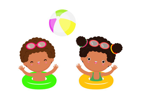 Cute kids wearing float rings on inflatable playing ball in Pool party, cartoon charact flat style vector illustration on white backgroundのイラスト素材