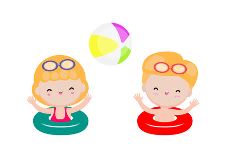 Cute kids wearing float rings on inflatable playing ball in Pool party, cartoon charact flat style vector illustration on white backgroundのイラスト素材