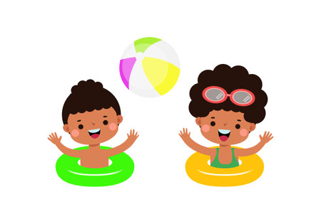 Cute kids wearing float rings on inflatable playing ball in Pool party, cartoon charact flat style vector illustration on white backgroundのイラスト素材
