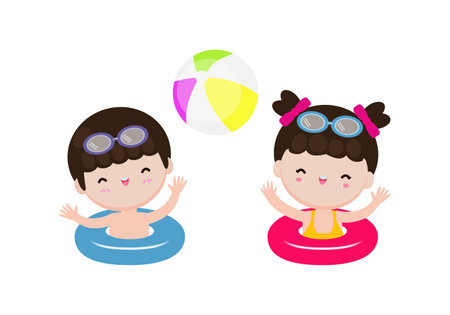 Cute kids wearing float rings on inflatable playing ball in Pool party, cartoon charact flat style vector illustration on white backgroundのイラスト素材