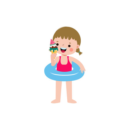 cute little girl with swimsuit and ice cream vector illustration designのイラスト素材