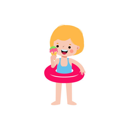 Cute little girl with ice cream in swimming circle vector Illustrationのイラスト素材