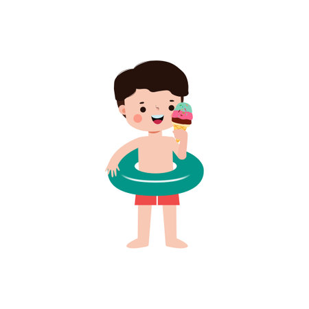 Cute kid wearing float ring and eating ice cream in Pool party, cartoon character flat style vector illustration on white backgroundのイラスト素材