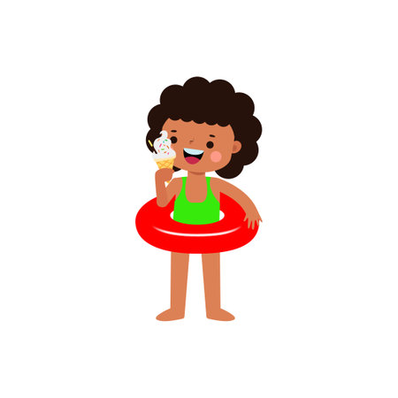 Cute kid wearing float ring and eating ice cream in Pool party, cartoon character flat style vector illustration on white backgroundのイラスト素材