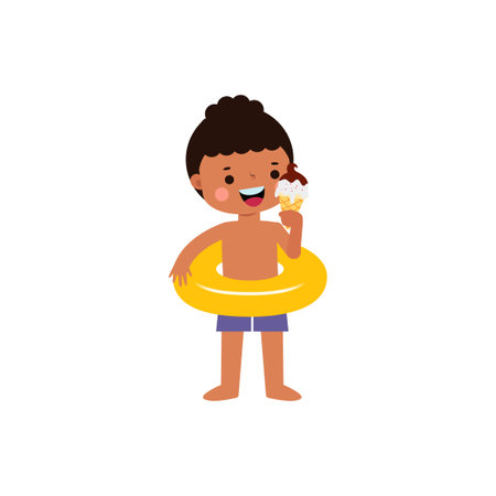 Cute kid wearing float ring and eating ice cream in Pool party, cartoon character flat style vector illustration on white backgroundのイラスト素材