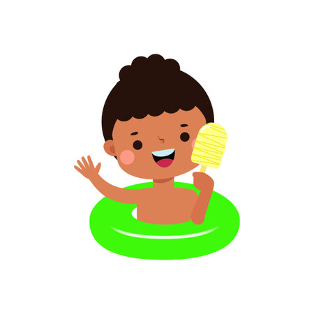 Cute kid wearing float ring and eating ice cream in Pool party, cartoon character flat style vector illustration on white backgroundのイラスト素材
