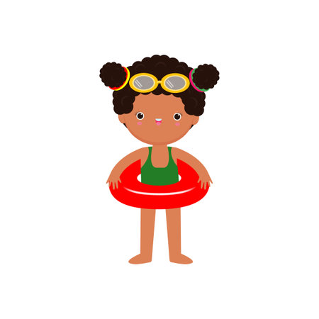 Cute kid wearing swimsuit with float ring on the beach, cartoon character flat style vector illustration on white backgroundのイラスト素材