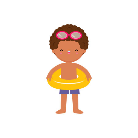 Cute kid wearing swimsuit with float ring on the beach, cartoon character flat style vector illustration on white backgroundのイラスト素材