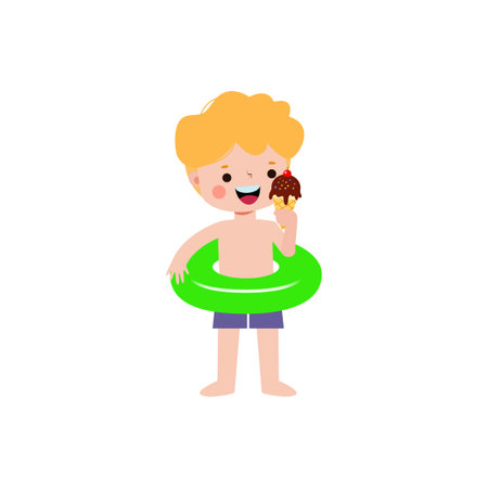 Cute kid wearing float ring and eating ice cream in Pool party, cartoon character flat style vector illustration on white backgroundのイラスト素材
