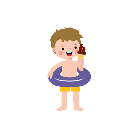 Cute kid wearing float ring and eating ice cream in Pool party, cartoon character flat style vector illustration on white backgroundのイラスト素材
