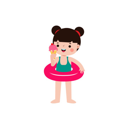 Cute little girl in swimsuit with ice cream. Vector illustration.のイラスト素材