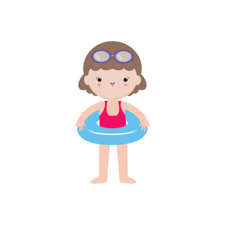 Cute kid wearing swimsuit with float ring on the beach, cartoon character flat style vector illustration on white backgroundのイラスト素材